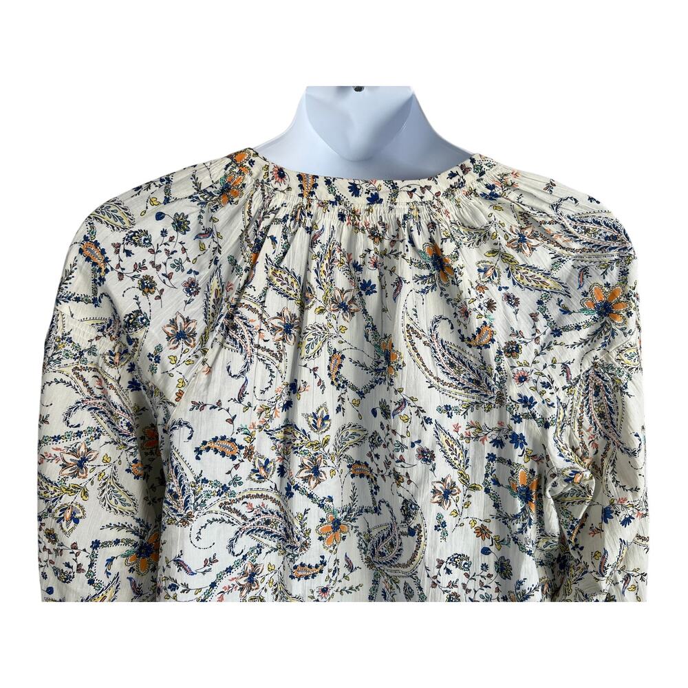 J. JILL TOP WOMENS LARGE 100% COTTON FLORAL POPOVER BLOUSE WHITE MULTI BOHO - Picture 7 of 12